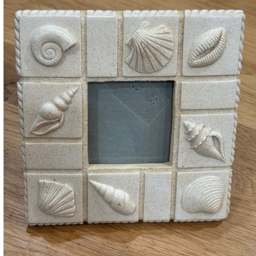Vintage 1996 Hand Painted Seashell Picture Frame Coastal Beach Decor 7x7